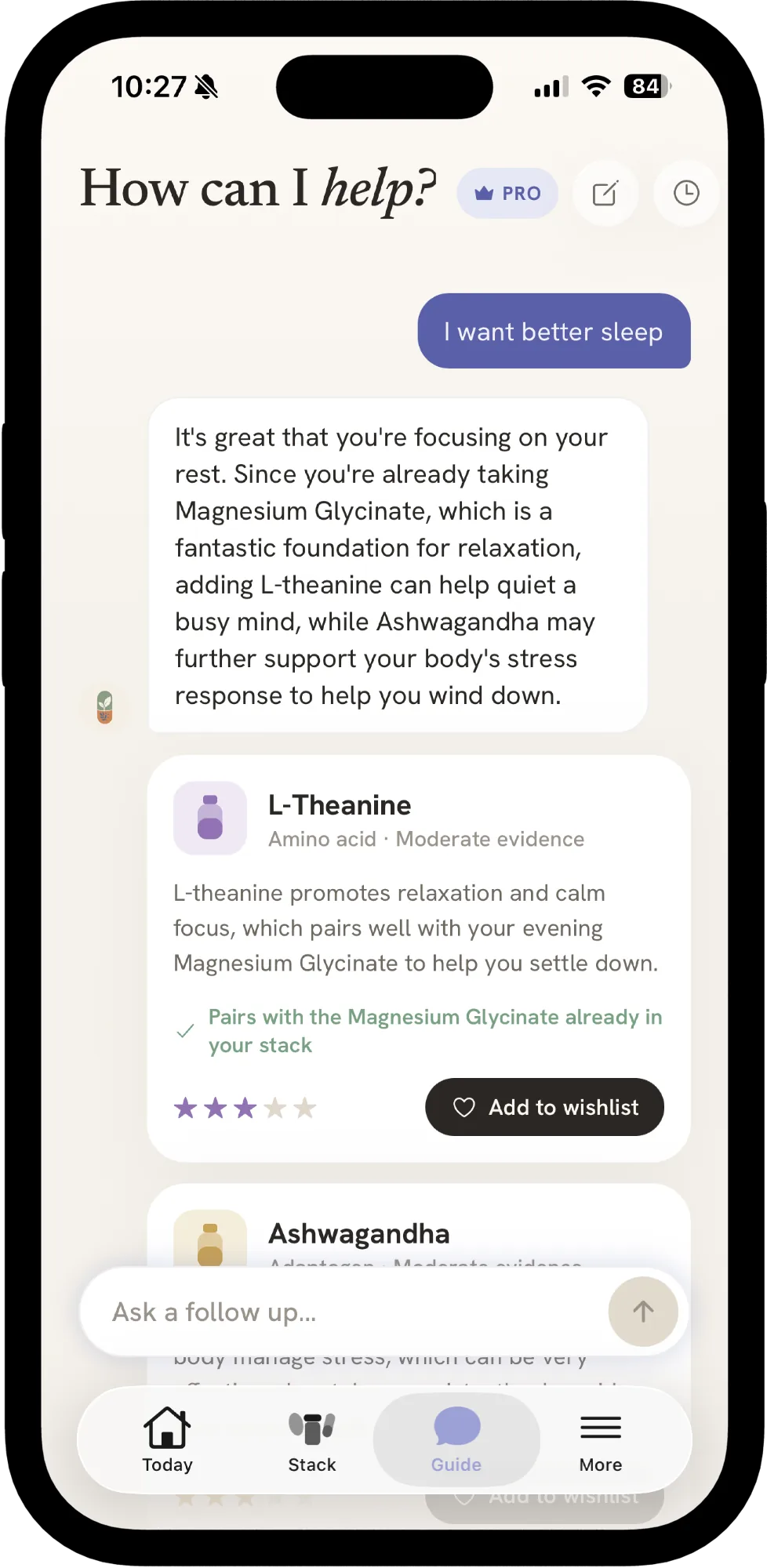 Intake's Guide chat answering a question about better sleep with personalised supplement suggestions