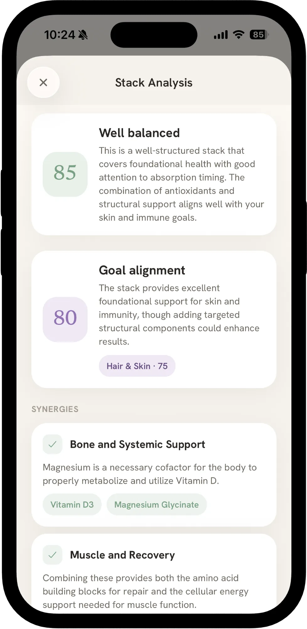 Intake's Stack Analysis: an overall balance score with synergies and goal alignment