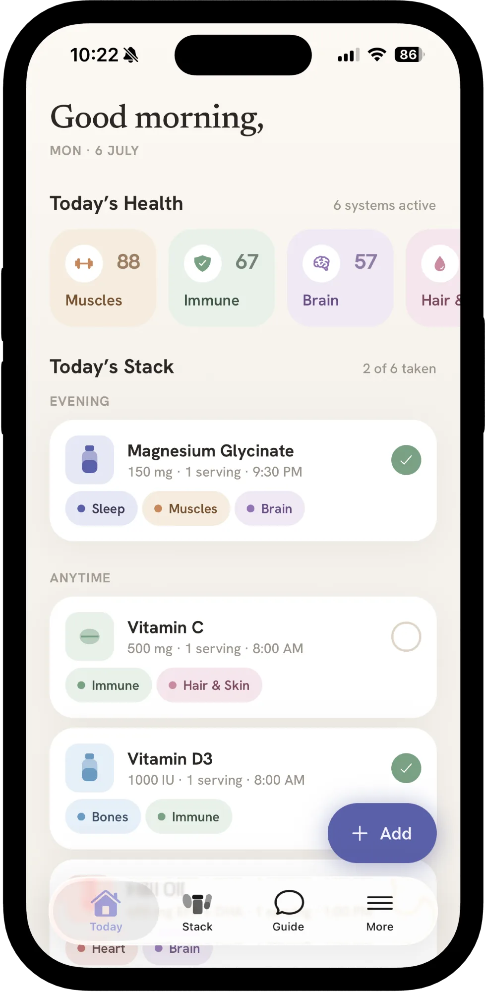 Intake's Today screen: the day's supplement stack with health-system scores